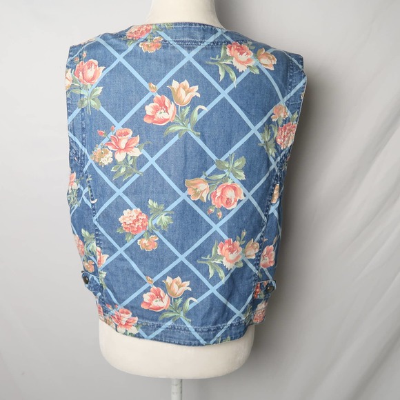 Vintage 90s Liz Claiborne blue and pink floral denim vest L - Picture 4 of 5
